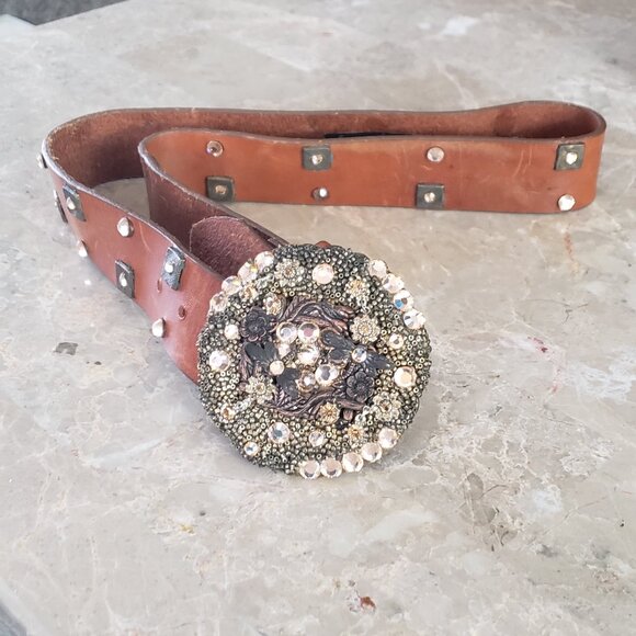 Leather belt with rhinestones